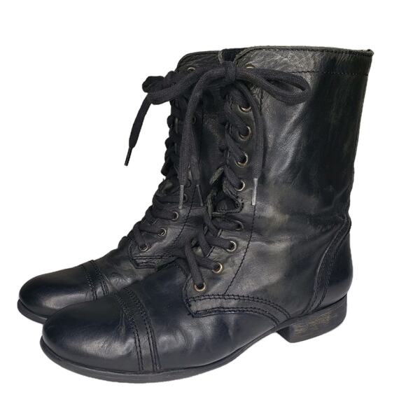 Steve Madden Shoes - Steve Madden Troopa Boot Sz 8.5 Combat Black Leather Boho Biker Lace Distressed